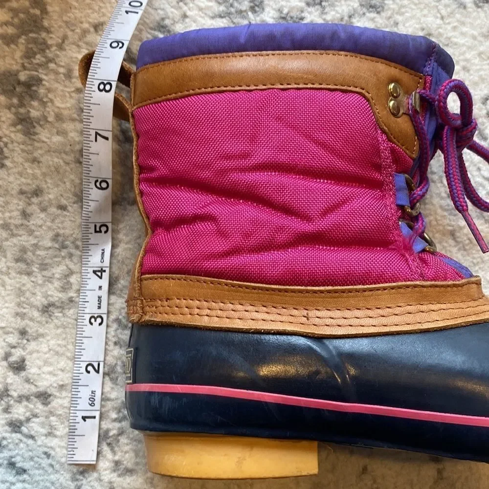 Vtg Made in Korea Lands End duck boots EUC navy pink purple with brown leather